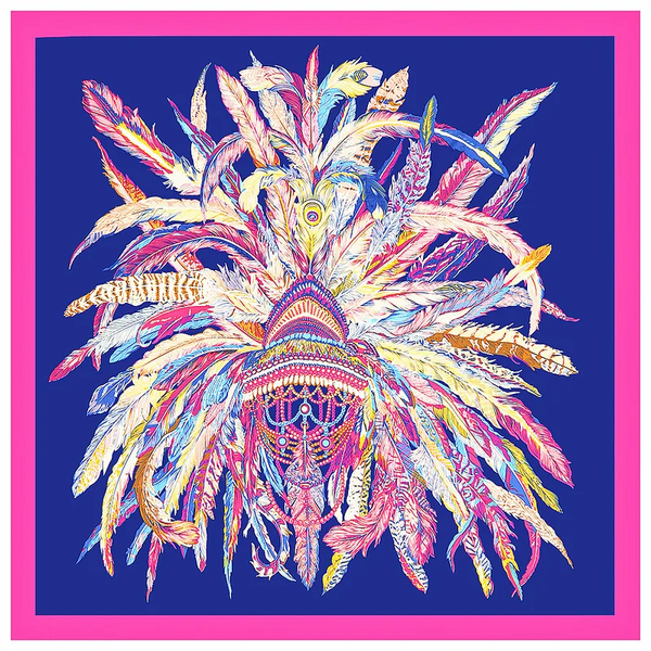 Grand foulard XL carré satiné bleu et fuchsia plumes bohèmes - 127 x 127 cm