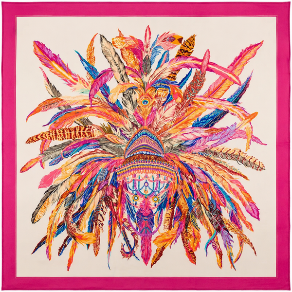 Grand foulard XL carré satiné plumes bohèmes fuchsia - 127 x 127 cm