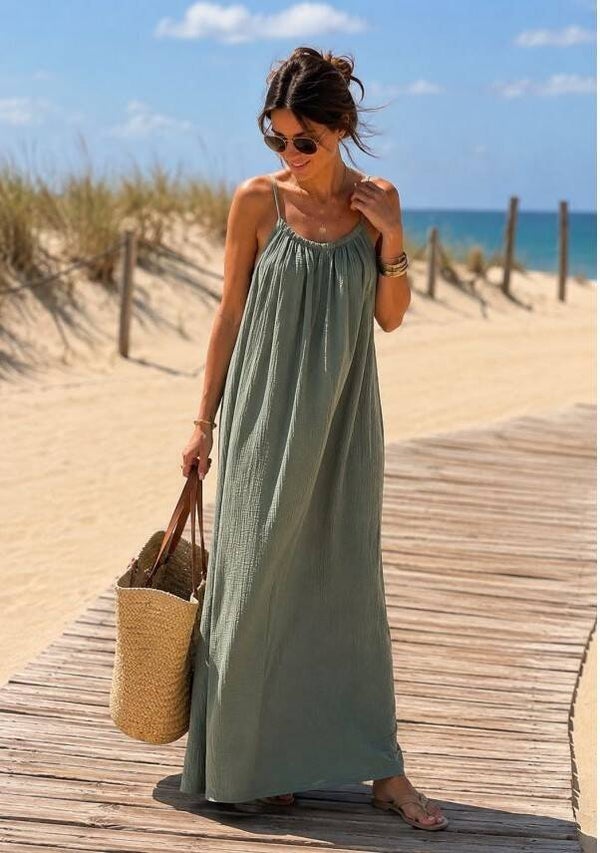 Robe maxi longue en gaze de coton à bretelles - 4 coloris