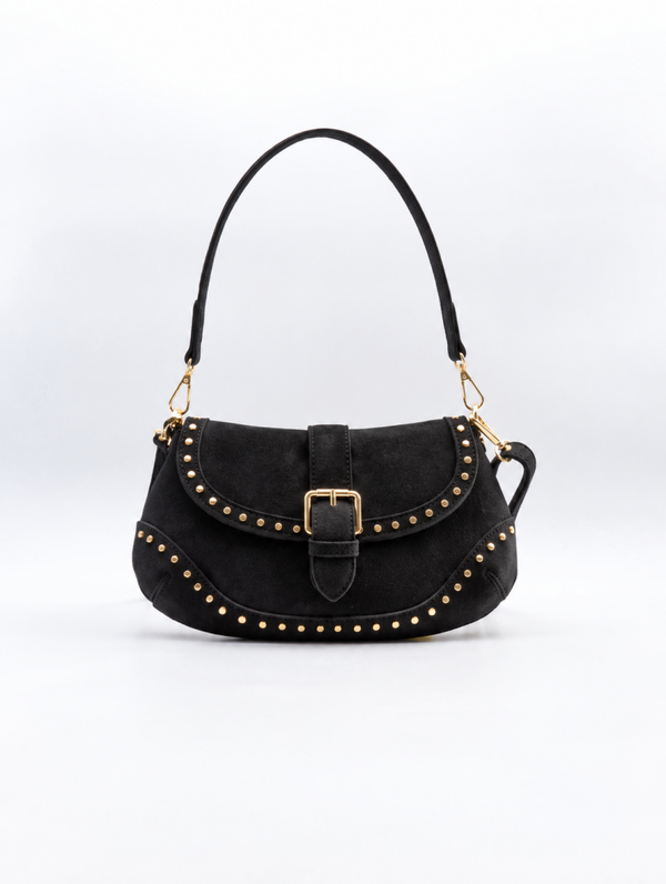 Sac bandoulière noir en suédine et clous dorés