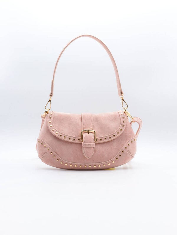 Sac bandoulière rose en suédine et clous dorés