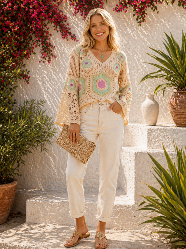 pull crochet beige motifs turquoise et rose manches evasees