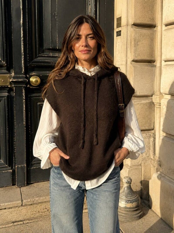 Pull en mohair à capuche sans manches - Chocolat