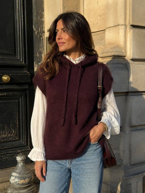 Pull en mohair à capuche sans manches - Prune