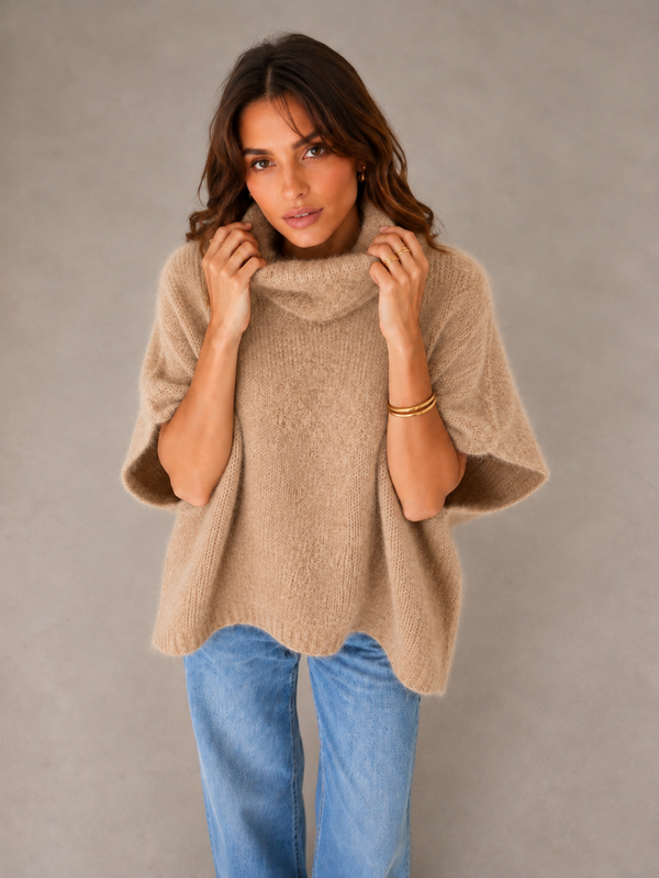 Pull poncho col roulé en mohair - camel