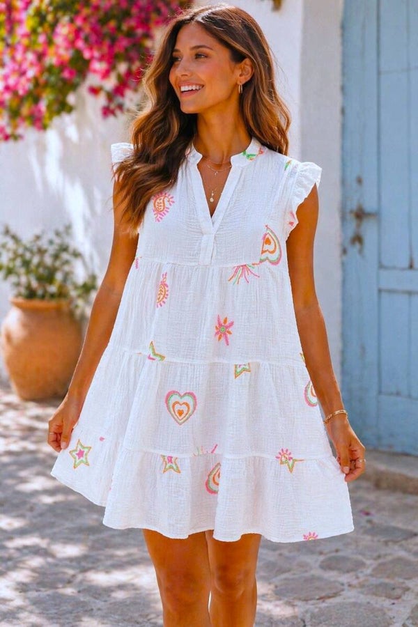 Robe courte blanche à imprimés fluo en gaze de coton