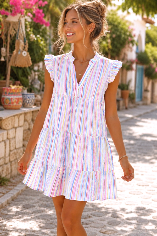 Robe courte en gaze de coton à rayures pastel