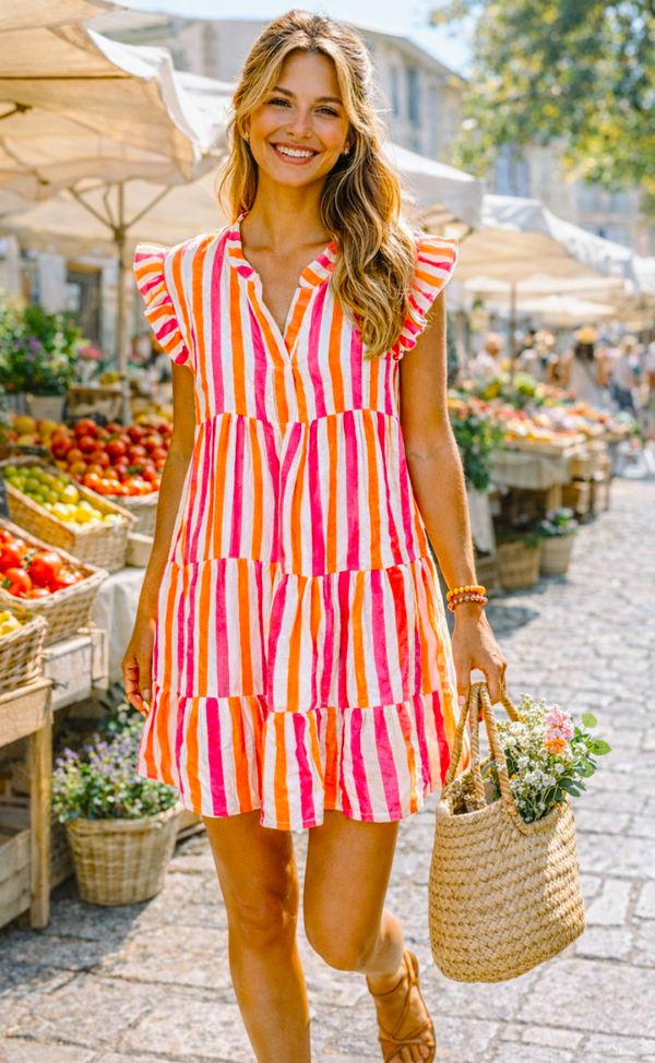 Robe courte ample rayures rose et orange fluo - gaze de coton