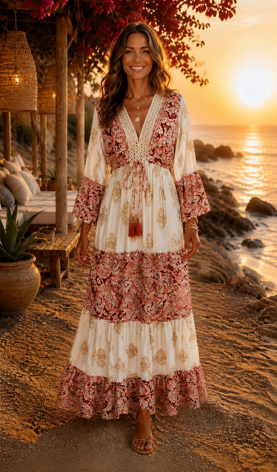 Robe longue bohème imprimée cachemire terracota et doré