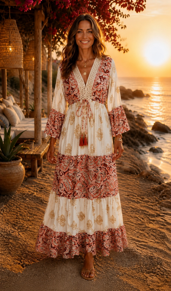 Robe longue bohème imprimée cachemire terracota et doré