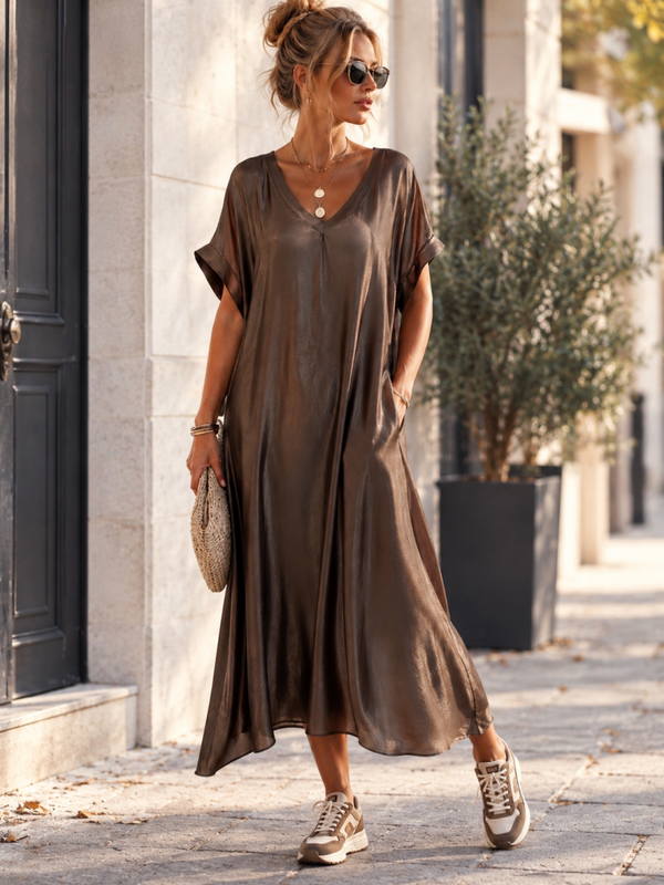 Robe longue Satin Glow ample marron foncé