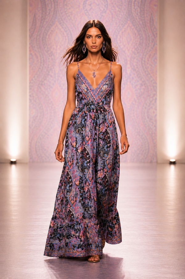 Robe longue à brides effet soie motif cachemire - 6 coloris