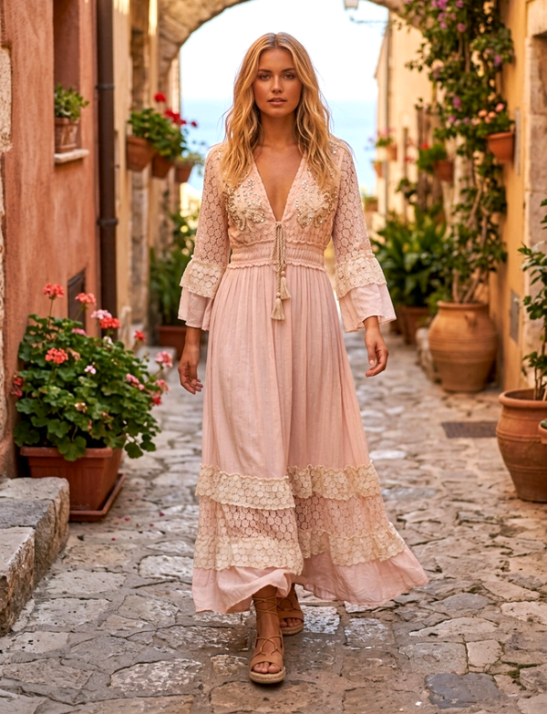 Robe bohème longue fluide et broderies à sequins - rose poudré