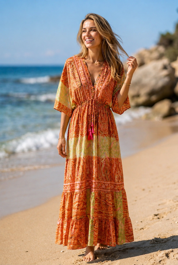 Robe longue bohème effet soie à manches papillon - 5 coloris