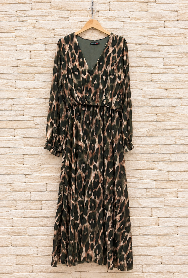 Robe longue fluide imprimé léopard kaki et beige