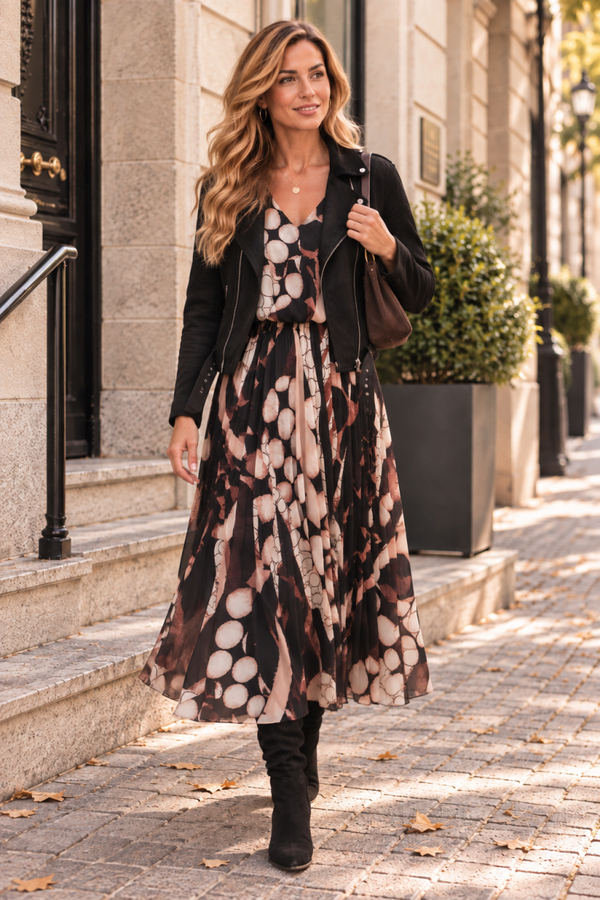 Robe longue plissée à col V aux imprimés noirs et marron