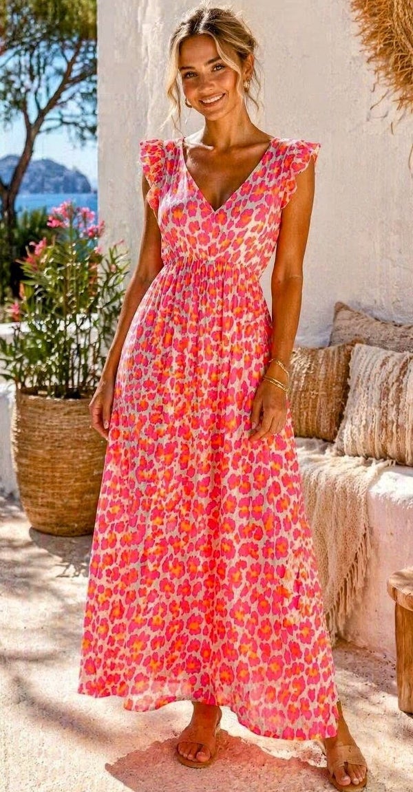 Robe longue en gaze de coton avec imprimé léopard fluo