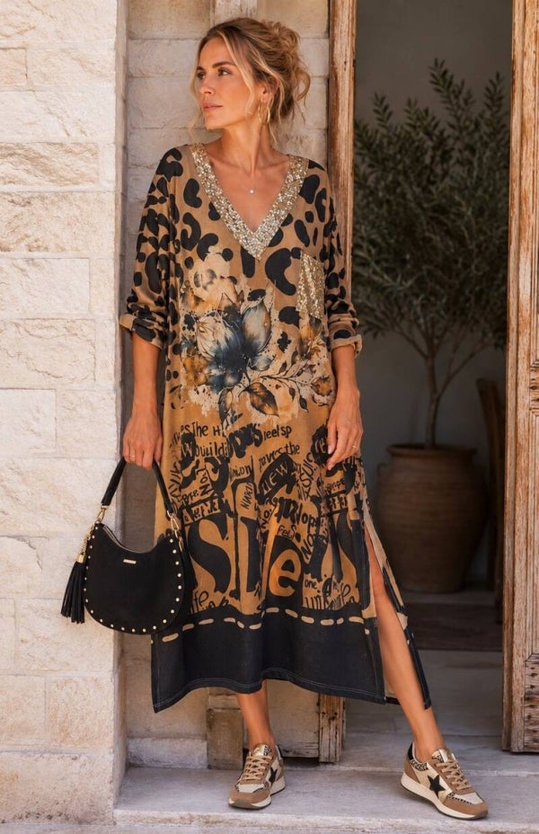 Robe longue en maille lurex noire et camel