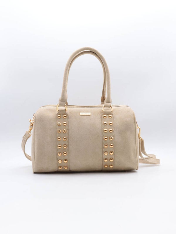 Sac à main bowling beige en suédine et clous dorés - Flora & Co