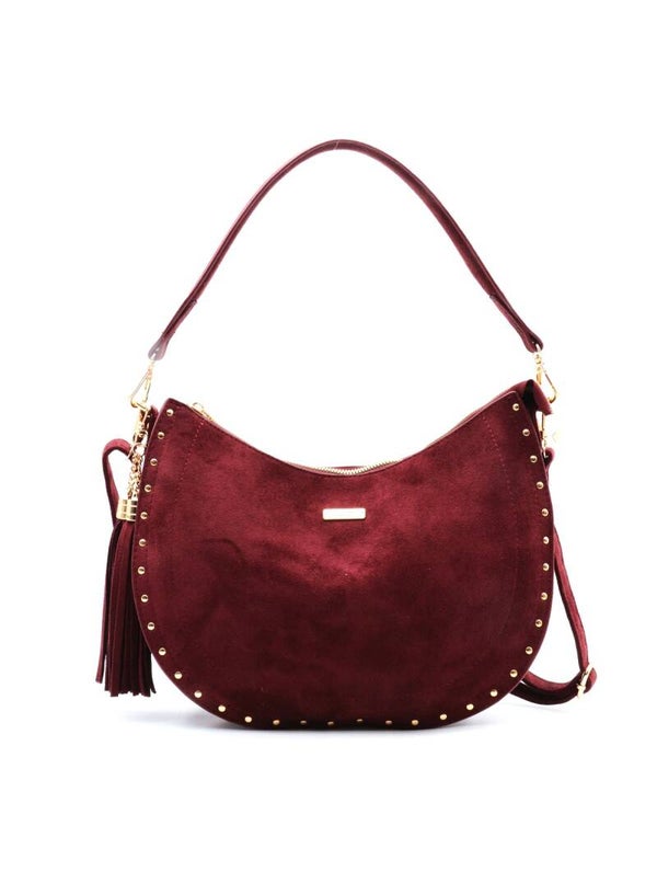 Sac à bandoulière LEYA bordeaux effet daim avec clous dorés - Flora & Co