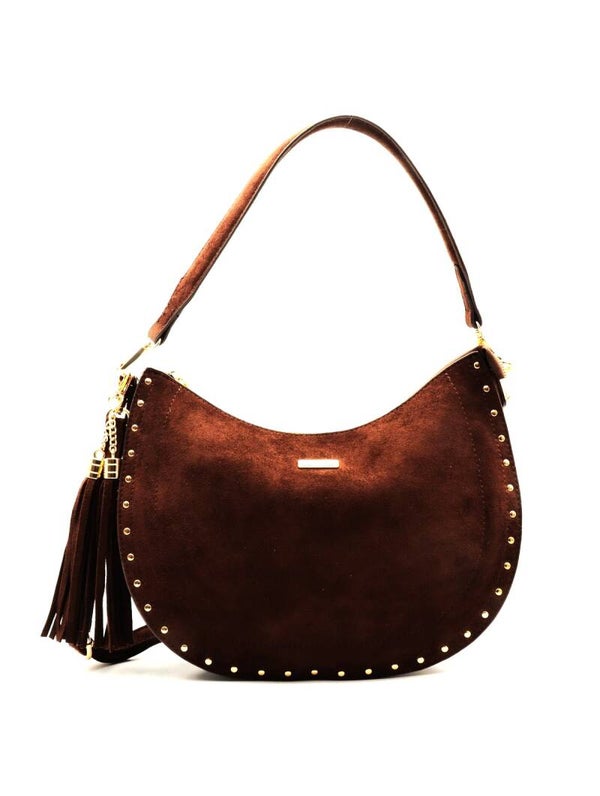 Sac à bandoulière LEYA chocolat effet daim avec clous dorés - Flora & Co