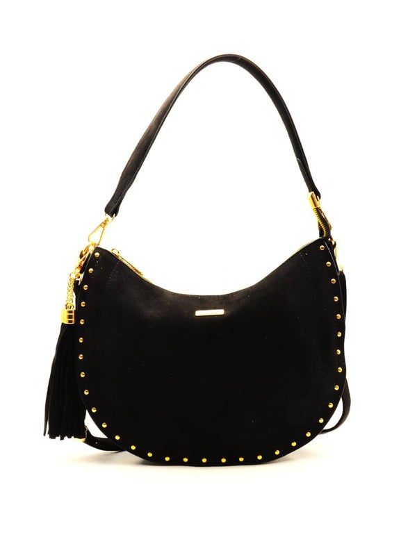 Sac à bandoulière LEYA noir effet daim avec clous dorés - Flora & Co