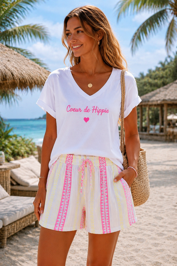 Short en gaze de coton rayures ethniques fluo - Taille élastique