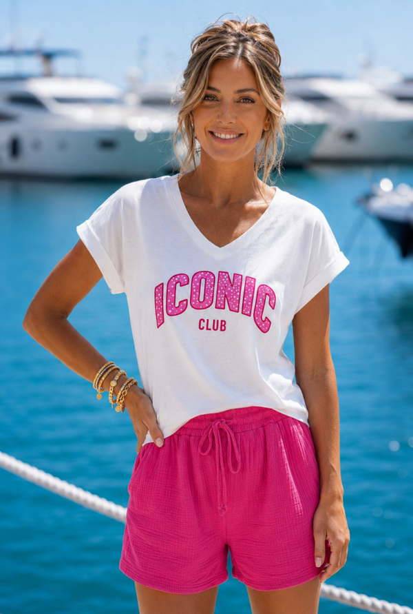 Tee-shirt blanc imprimé Iconic Club fuchsia - 2 coloris