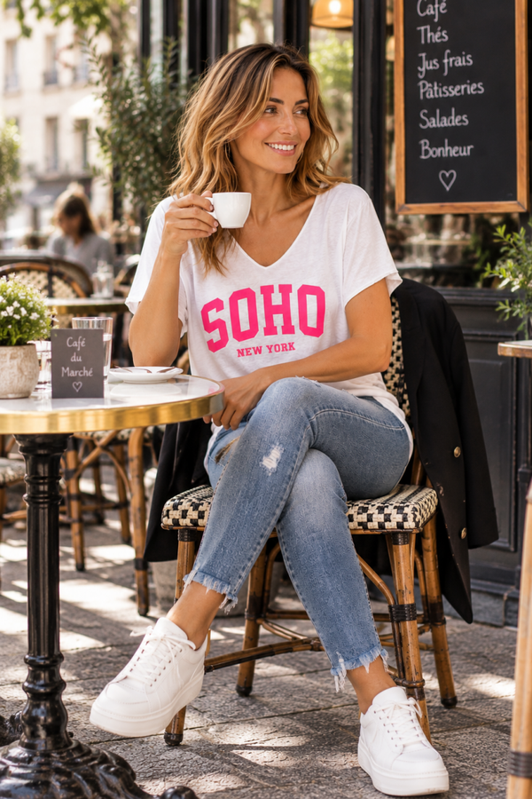 Top blanc imprimé SOHO rose fluo
