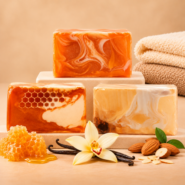 Trio de savons artisanaux en tranche - Miel crémeux, Amande & Vanille gourmande