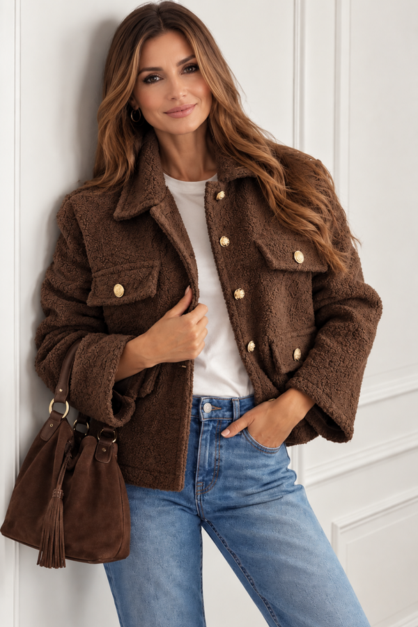 Veste Teddy effet mouton brun foncé à boutons dorés