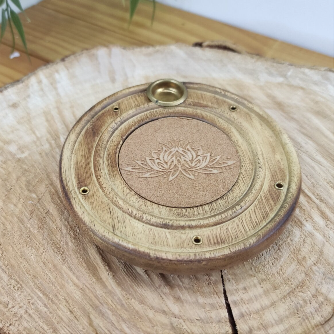 Porte encens rond bois lotus
