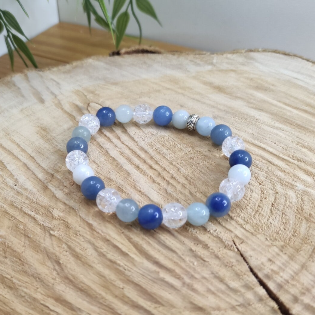 Bracelet customisé aventurine bleu/ cristal de roche/ aigue marine