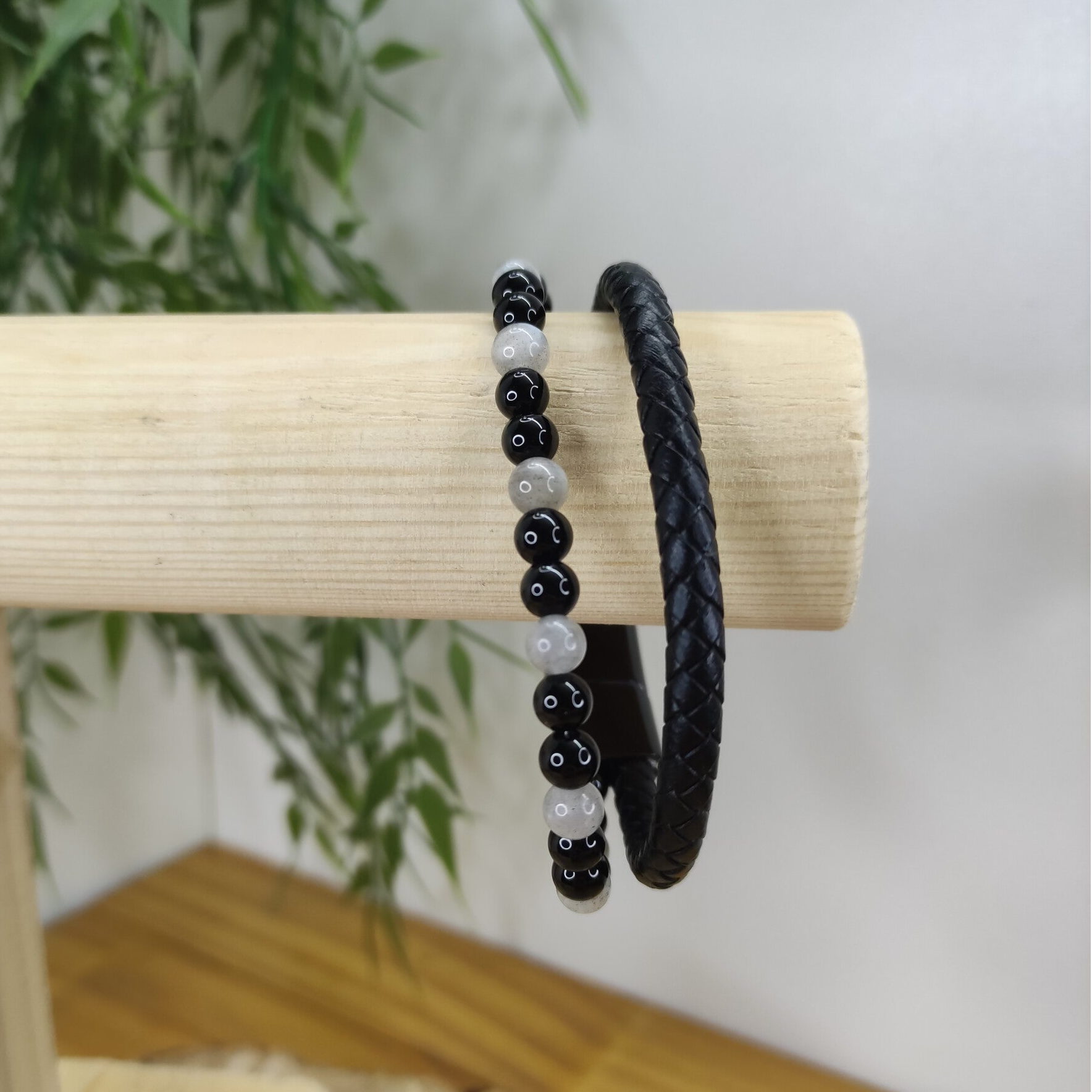 Bracelet ASKA cuir noir Labradorite et onyx