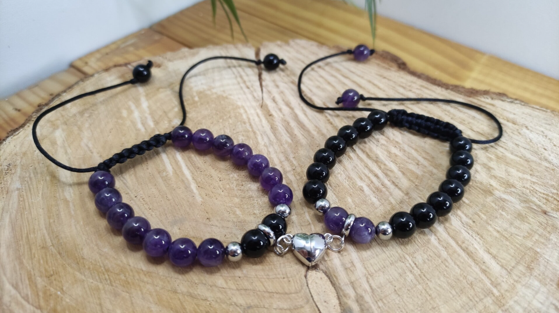 Bracelets duo cœur aimanté en obsidienne et améthyste cordon ajustable