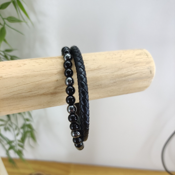 Bracelet homme ASKA cuir noir Onyx, Hématite
