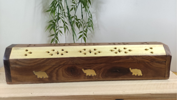 Porte encens coffret bois marron et clair éléphants