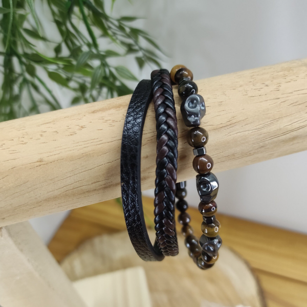 Bracelet homme NOXIS cuir noir Œil de tigre