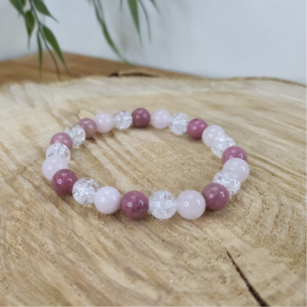 Bracelet rhodonite, quartz rose et cristal de roche 8mm