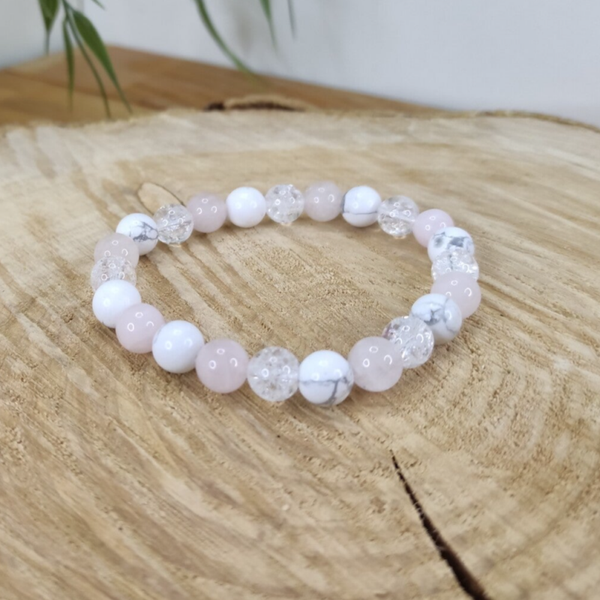 Bracelet Howlite, quartz rose et cristal de roche craquelé 8mm