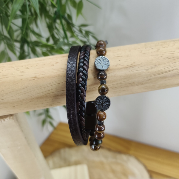 Bracelet homme KORU cuir brun Œil de tigre
