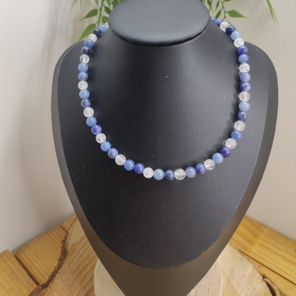Collier de perles Aventurine bleue, Sodalite et Cristal de Roche