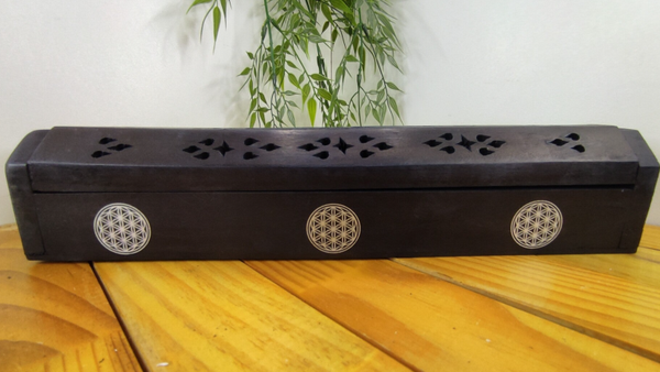 Porte encens coffret bois noir fleur de vie