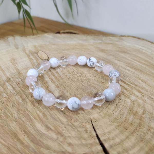 Bracelet Howlite, quartz rose et cristal de roche 8mm