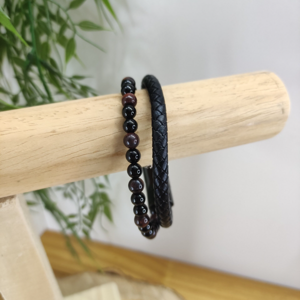 Bracelet homme ASKA cuir noir œil de taureau, Onyx