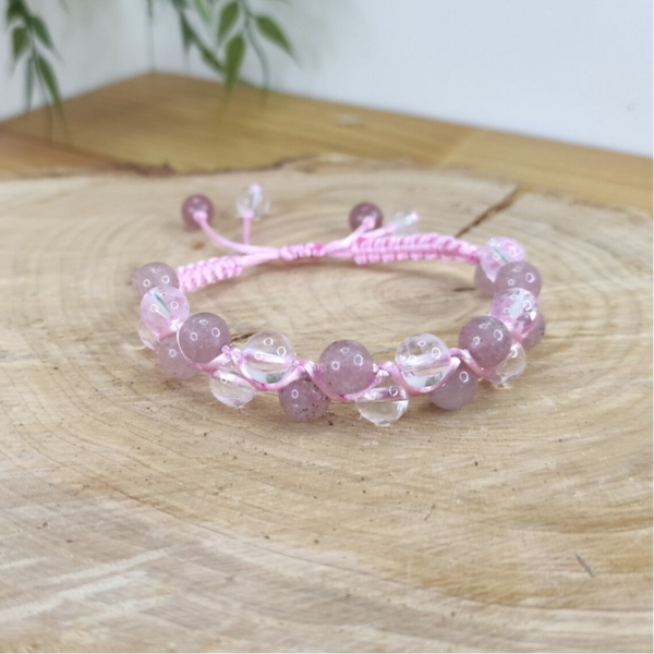 bracelet cordon ajustable quartz fraise et cristal de roche