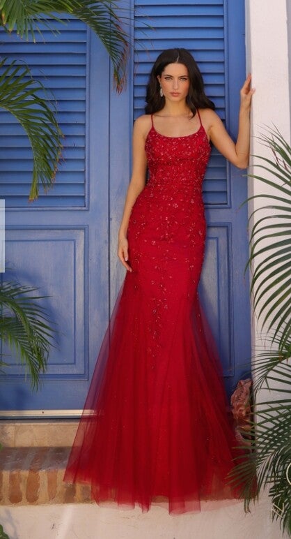 Trumpet Long Gown with Straight Top and Spaghetti Straps Lace-Up Back