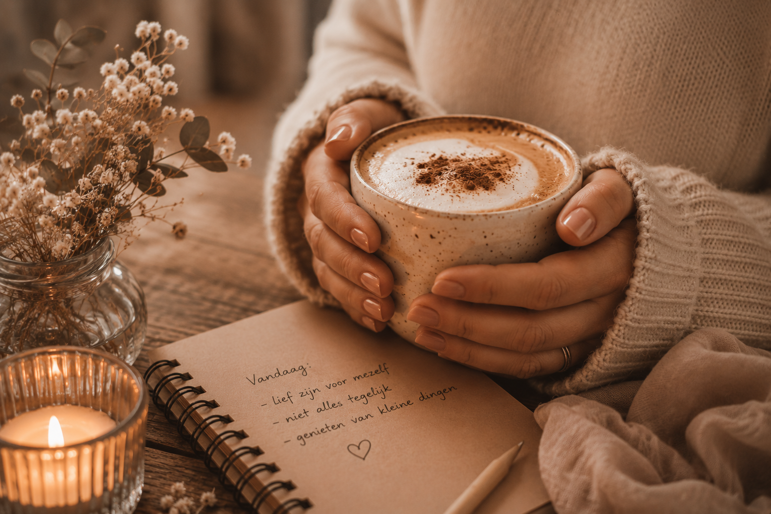 Warme cappuccino in handen als symbool voor rust, steun en persoonlijke begeleiding tijdens een kankertraject via Care for Cancer.