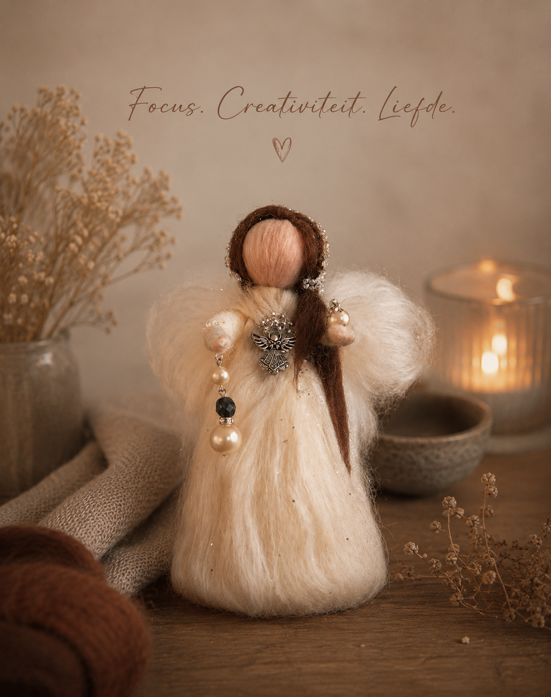 Handgemaakte naaldvilt engel met sieraden van oma en herinnering aan moeder, symbool voor liefde, verlies en creativiteit
