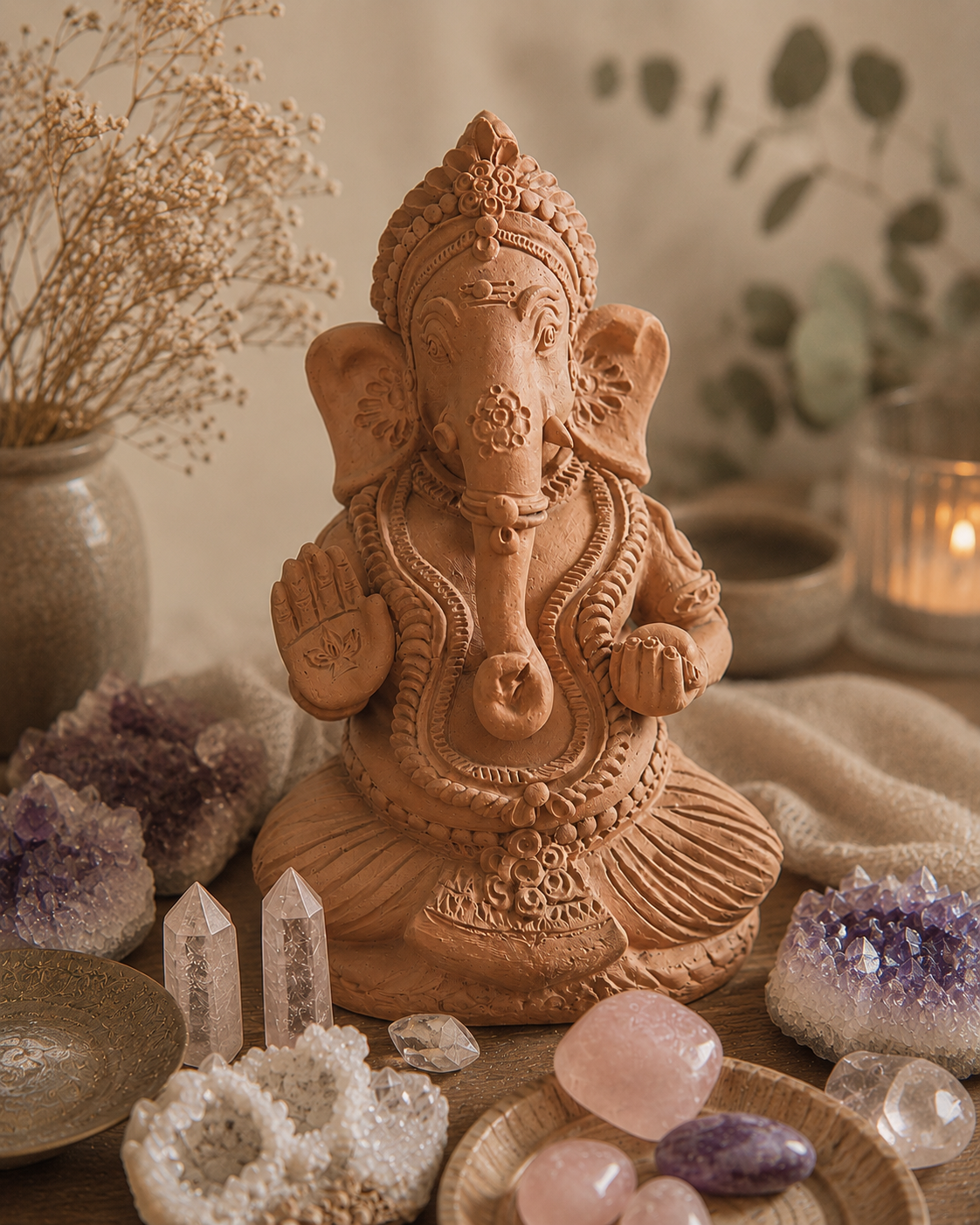 Ganesha omringd door edelstenen zoals rozenkwarts, amethist en bergkristal – mijn plek van rust en focus